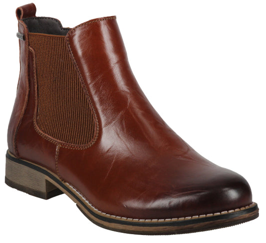 Brown leather Chelsea boot with elastic side panel and low block heel.