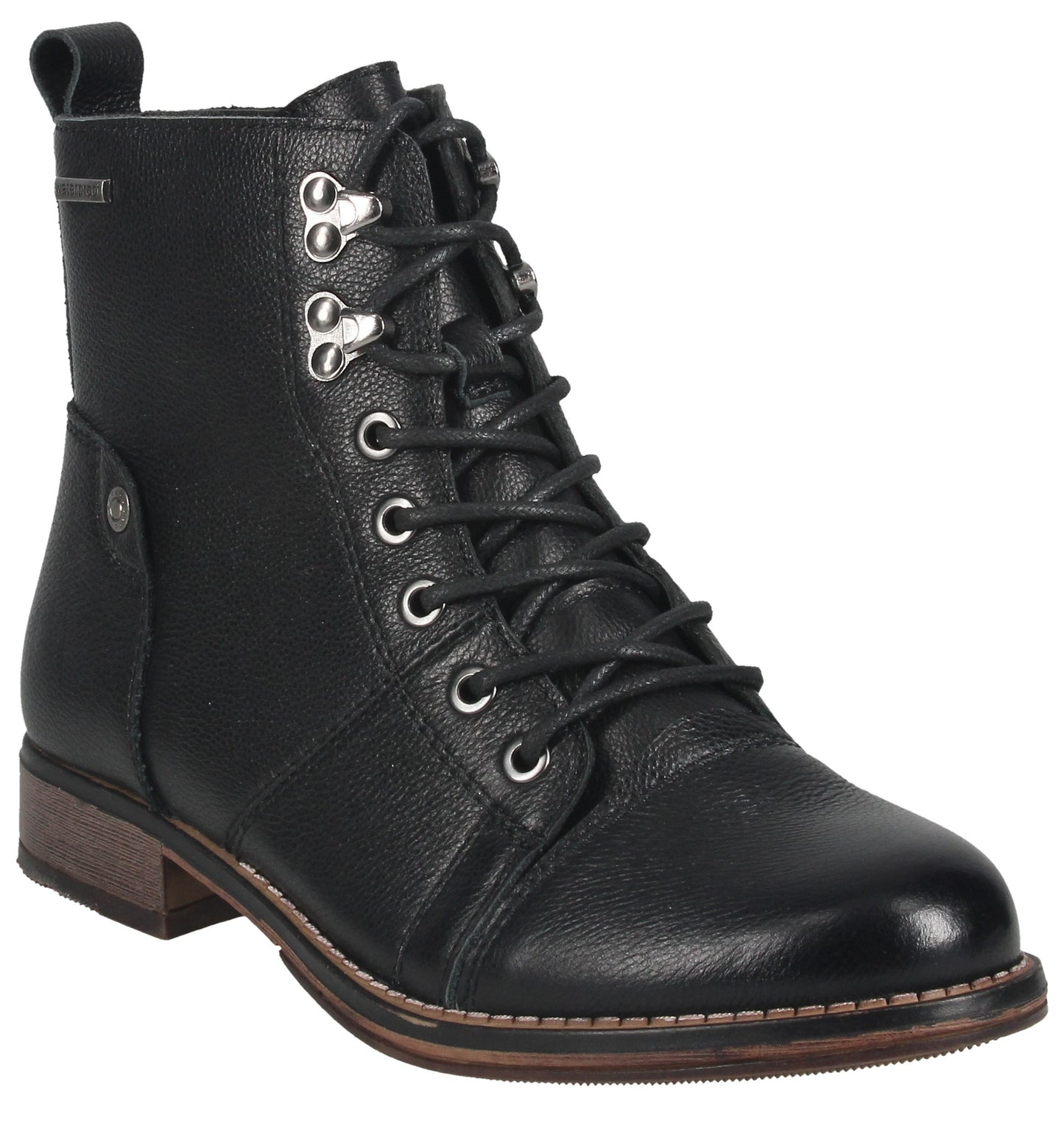 Black leather lace-up ankle boot with metal eyelets and a low heel.