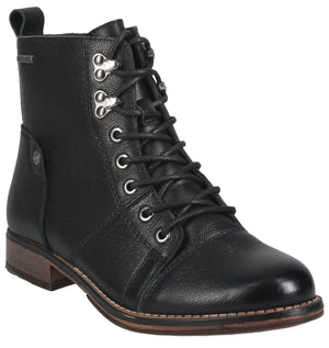 Black leather lace-up ankle boot with metal eyelets and a low heel.