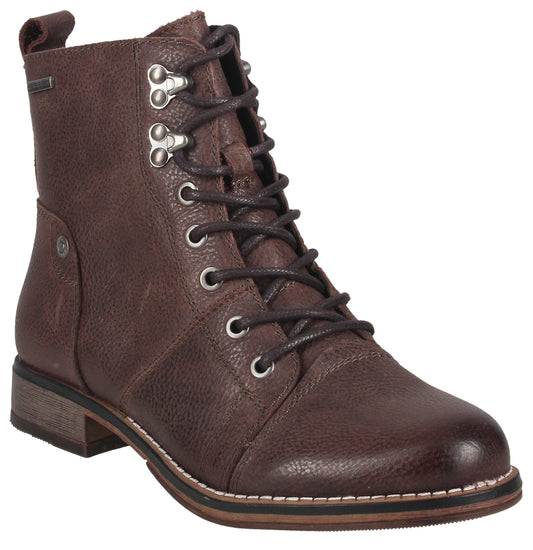 Brown leather ankle boot with lace-up front.