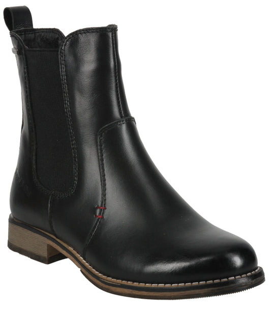 Black leather chelsea boot with elastic side panel and low stacked heel.