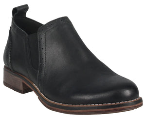 Black leather ankle boot with a low heel and elastic side panels.