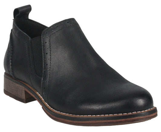Black leather ankle boot with a low heel and elastic side panels.