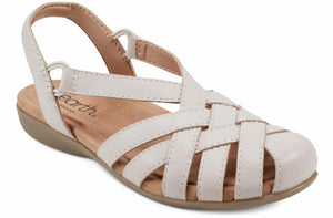 White sandal with interwoven straps and back strap.