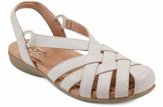 White sandal with interwoven straps and back strap.
