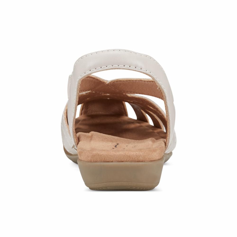 Rear view of an off-white sandal with multiple straps and a tan sole.