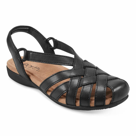 Black leather woven sandal with slingback strap.