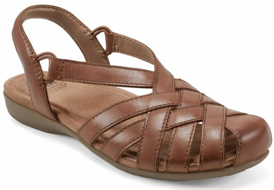 Brown leather flat sandal with a crisscross woven upper and slingback strap.