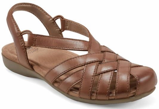Brown leather sandal with interwoven straps and ankle strap