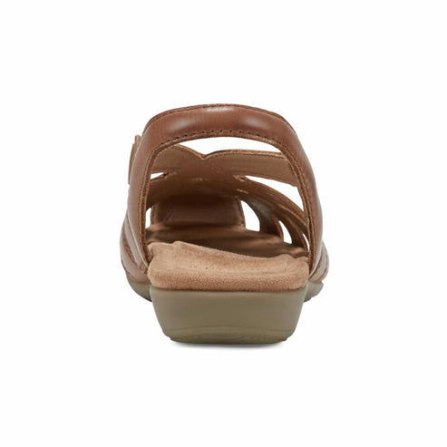 Brown leather sandal, multiple straps, open toe, low heel.