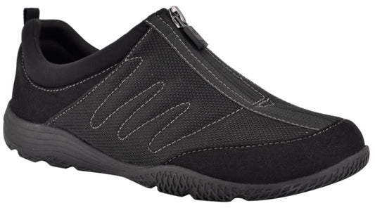 Black casual slip-on shoe with zipper closure and stitched detailing.