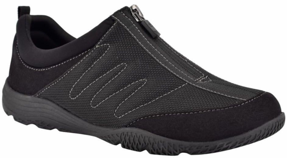 Black slip-on shoe with a zipper closure and decorative stitching.