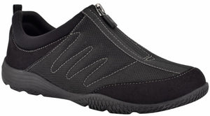 Black slip-on shoe with a zipper closure and decorative stitching.