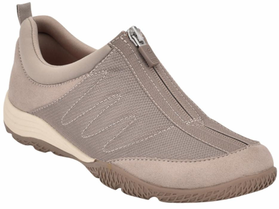 Taupe casual shoe with center zipper, brown tread sole, and heel pull.