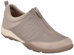 Taupe casual shoe with center zipper, brown tread sole, and heel pull.