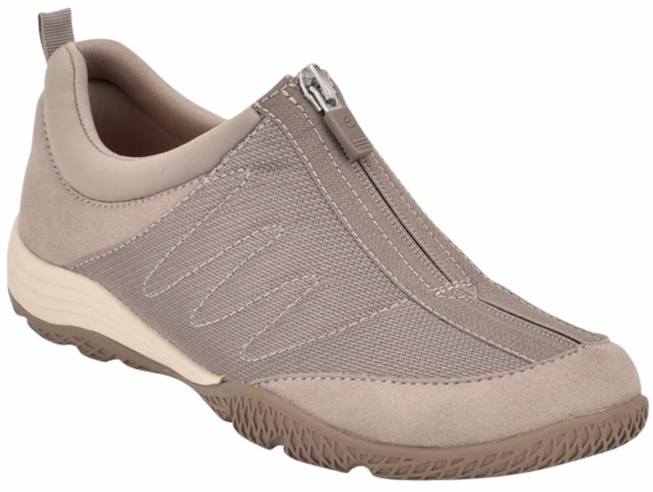 Slip-on women's shoe in taupe with a zipper closure and light beige sole.
