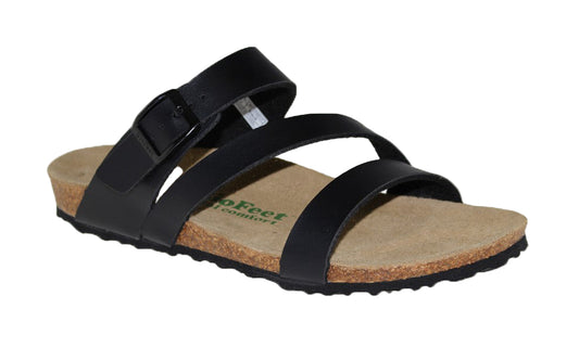 Black slide sandal with cork footbed and three straps, one buckled.