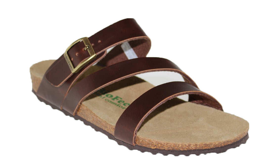 Brown sandal with gold buckle and three straps across the foot.