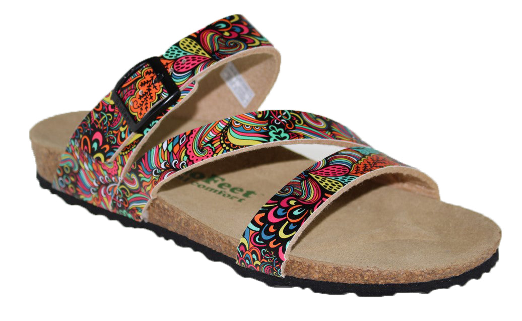 Colorful patterned two strap sandal with buckle.