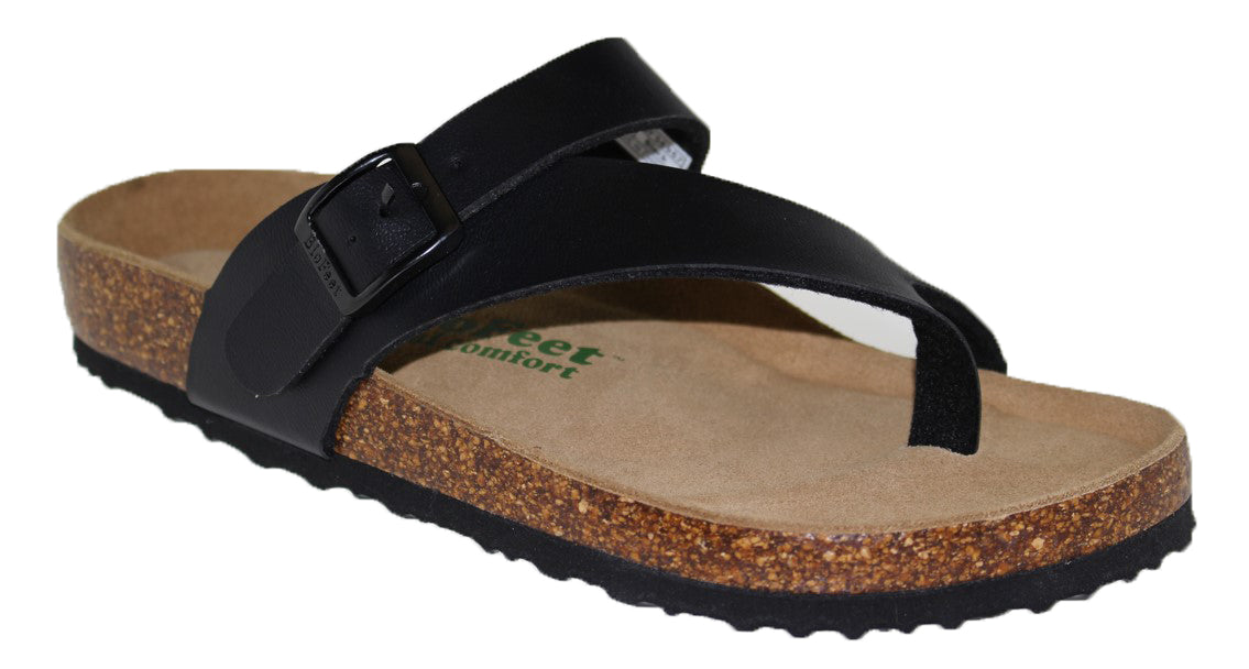 Black sandal with toe post and adjustable strap.