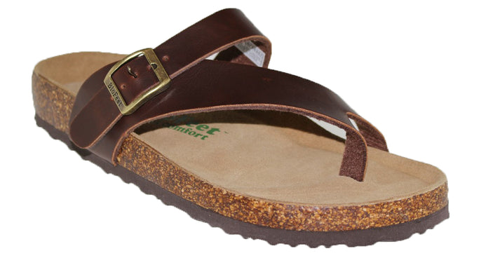 Brown sandal with buckle and thong strap, cork sole.