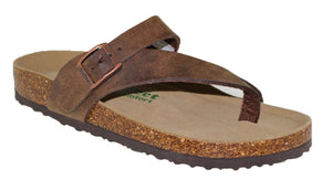 Brown sandal with adjustable buckle strap and toe post.