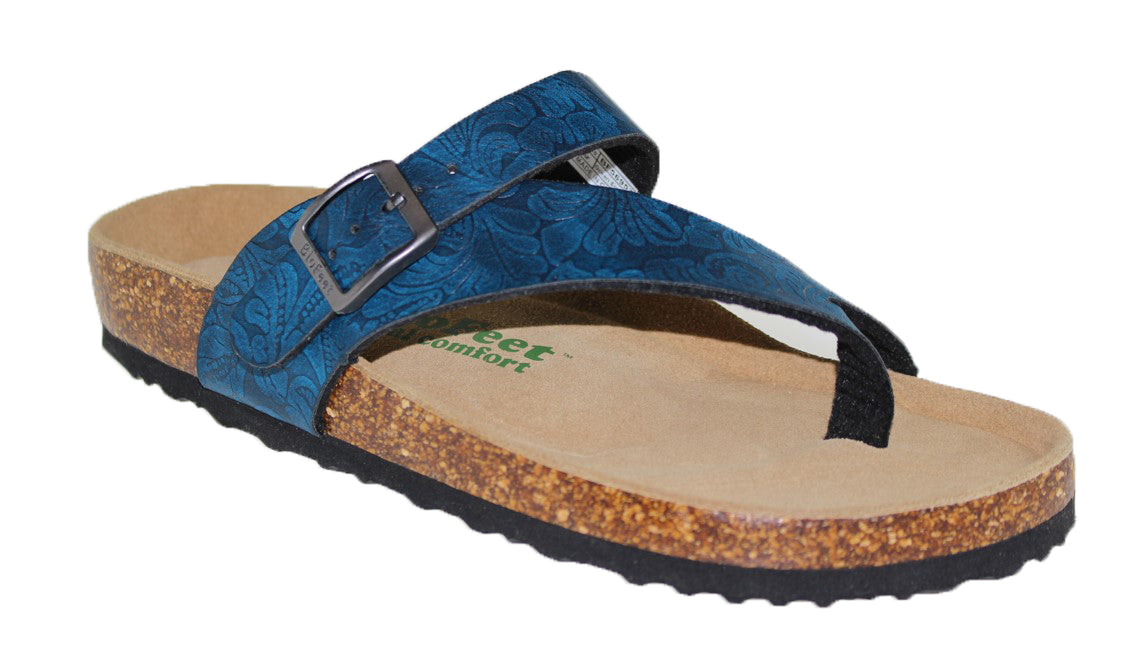 Blue floral sandal with buckle and toe post.