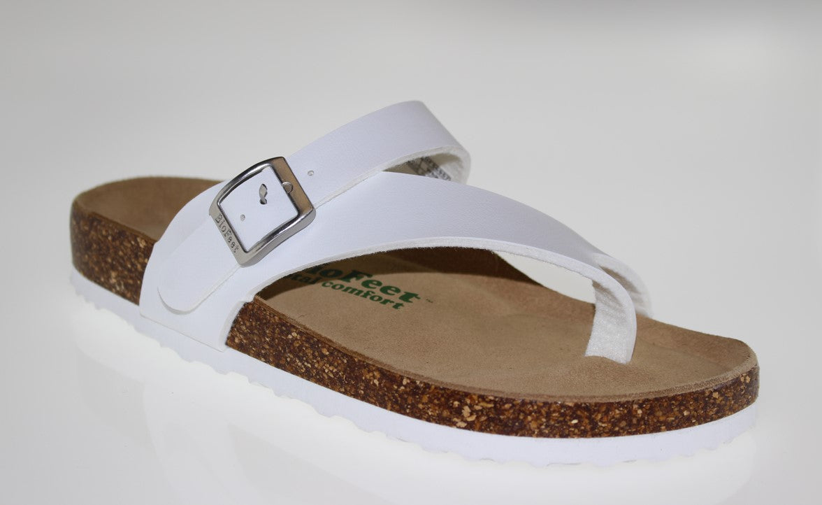 White thong sandal with adjustable buckled strap and cork footbed.