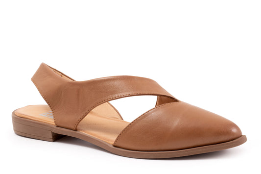 Tan pointed toe slingback shoe with horizontal upper strap and small block heel.