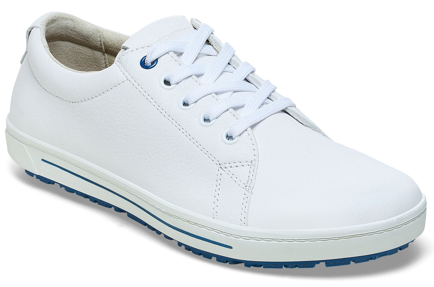 A minimalist white leather low-top sneaker featuring white laces, a blue top eyelet, a white midsole with thin blue accent lines, and a blue treaded outsole.