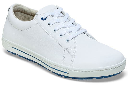 A minimalist white leather low-top sneaker featuring white laces, a blue top eyelet, a white midsole with thin blue accent lines, and a blue treaded outsole.