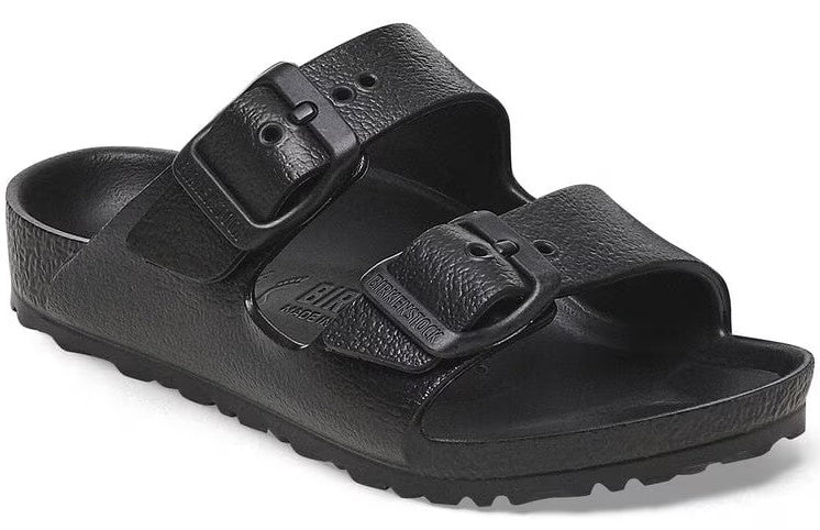 Black adjustable two-strap slide sandal with buckles.