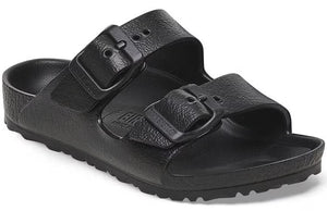 Black adjustable two-strap slide sandal with buckles.