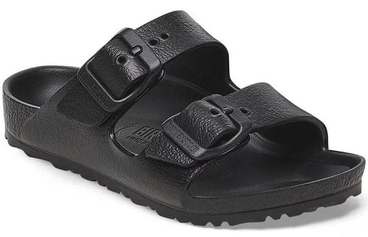 Black adjustable two-strap slide sandal with buckles.