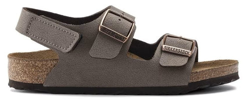A gray sandal with two straps and buckles.