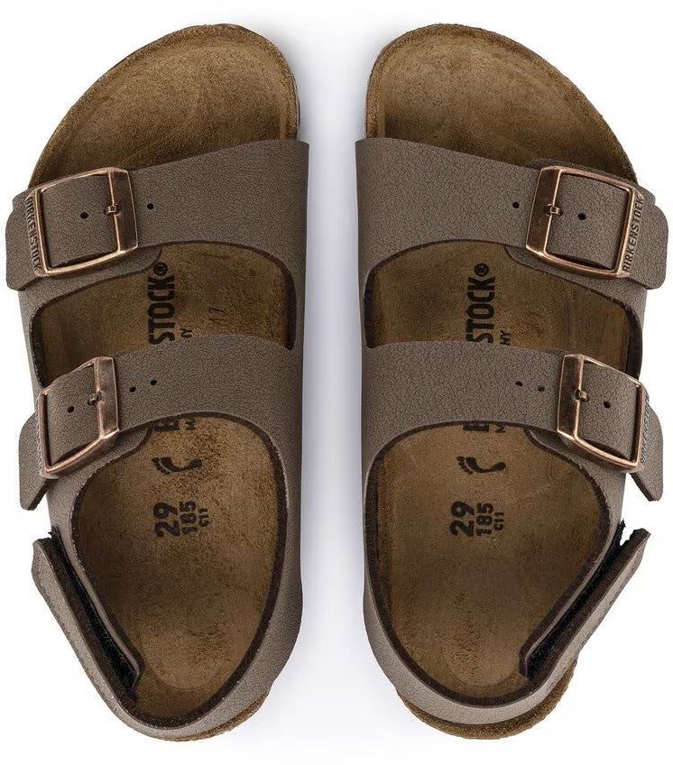 Pair of brown sandals with two adjustable buckle straps.