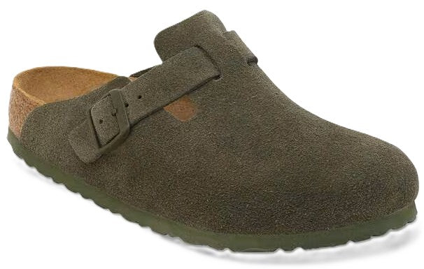 Olive green suede clog with adjustable strap and buckle.