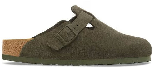 Olive green suede clog-style shoe with an adjustable buckle strap.