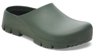 Olive green clog with a rounded toe and a thick, lugged sole.