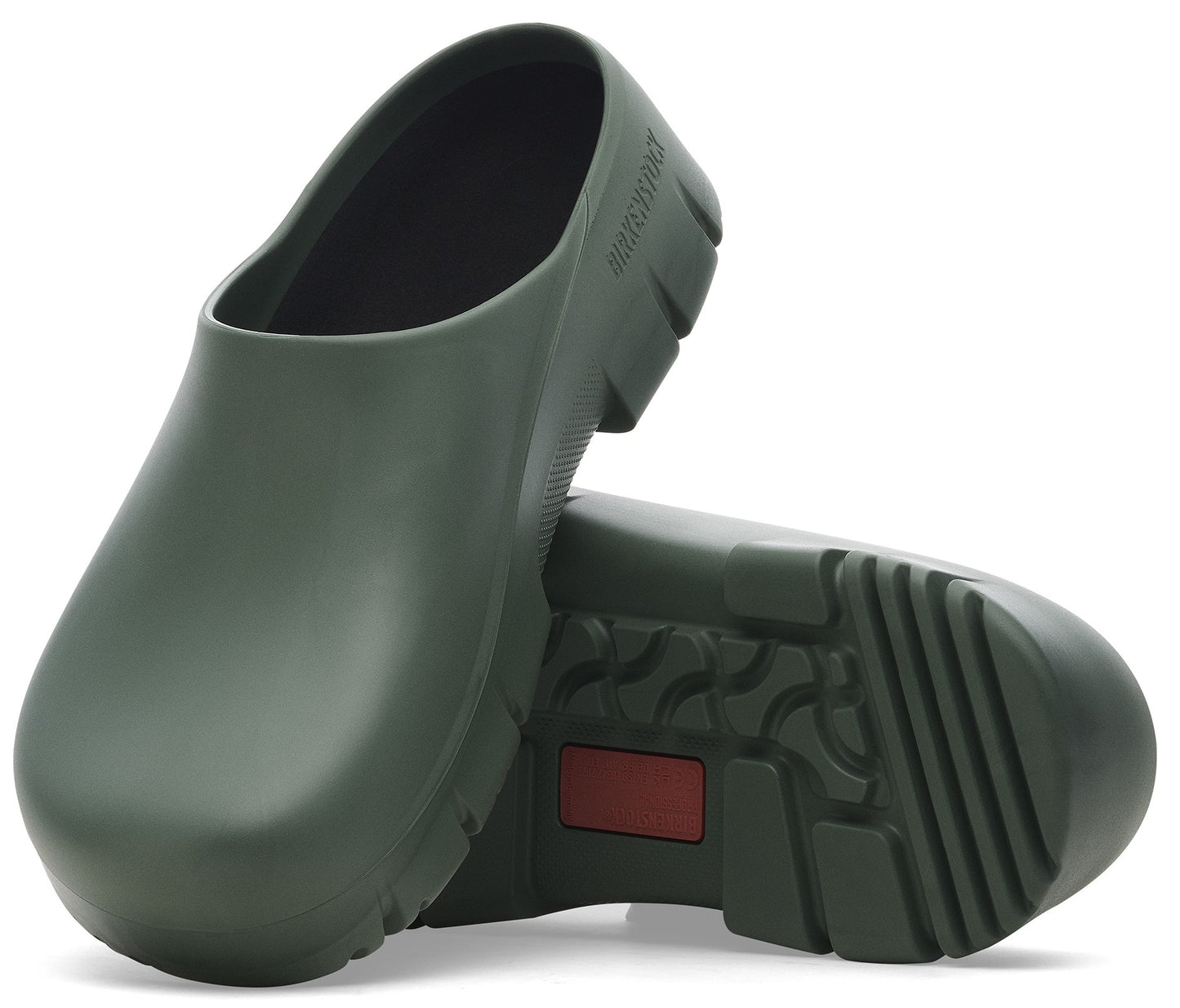 Olive green slip-on clog with lug sole.