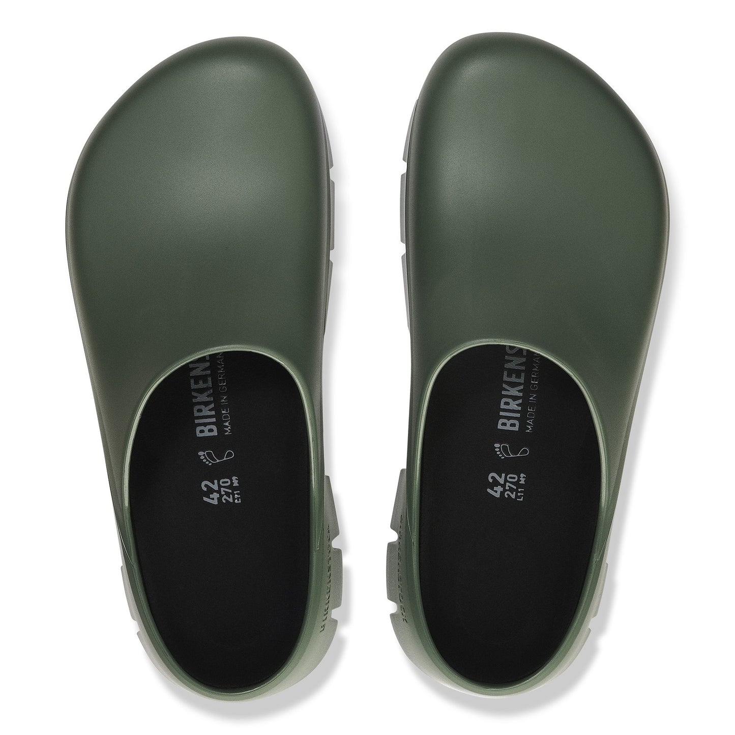 Pair of dark green clogs, top view, no strap, "BIRKEN" and size "42 270" visible inside.