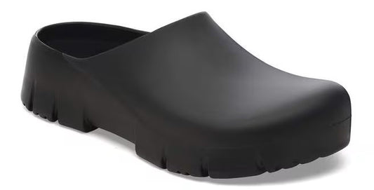 Black slip-on clog with lug sole.