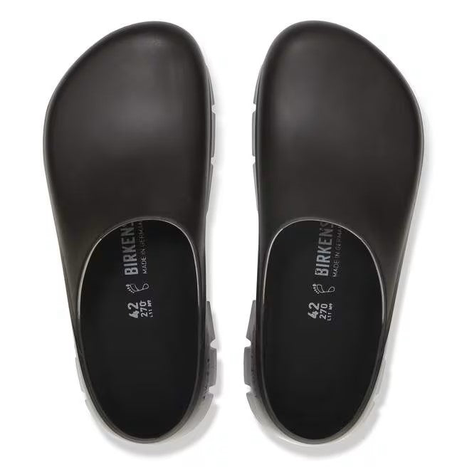 Pair of black clogs, size 42, 270 mm, BIRKENSTOCK MADE IN GERMANY visible on the insole.