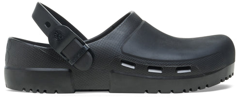 Black clog shoe with a back strap.