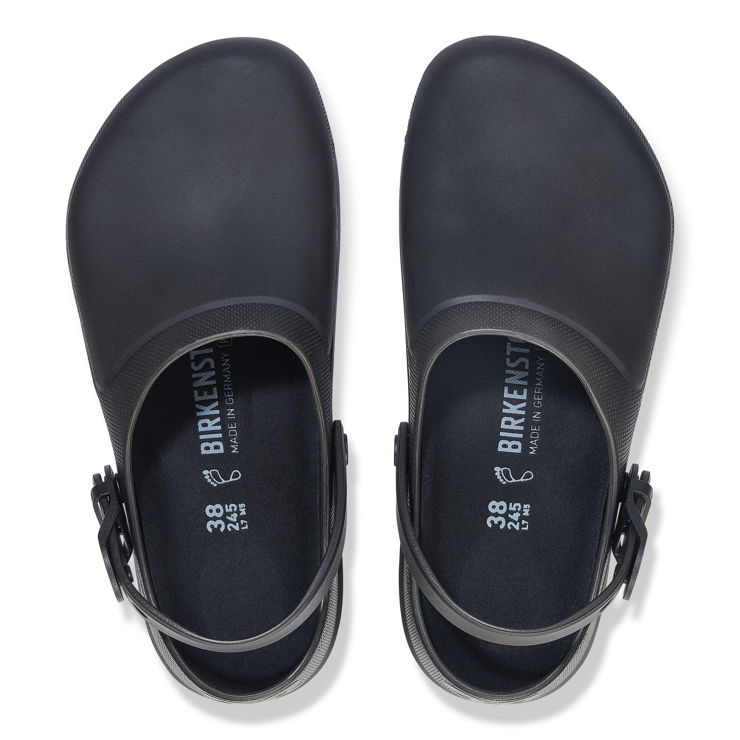 Pair of matte black clogs with adjustable heel straps and the label "BIRKENSTOCK MADE IN GERMANY" visible.