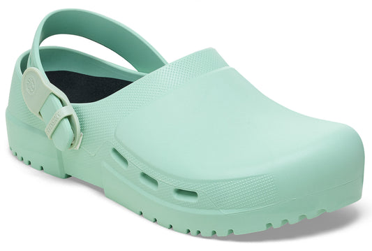 Mint green slip-on clog with adjustable back strap and side vents