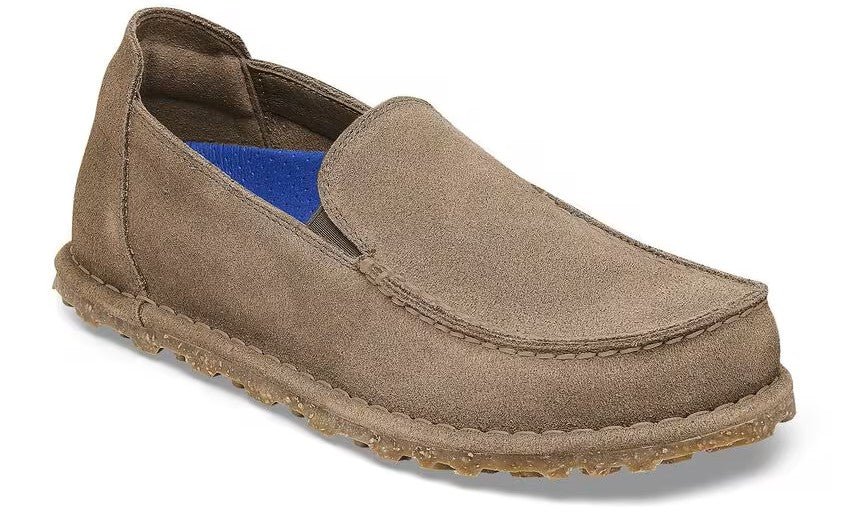 Taupe suede leather moccasin with blue insole and textured sole.