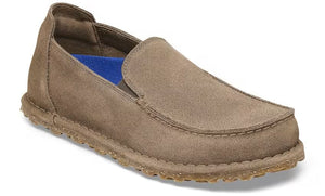 Taupe suede leather moccasin with blue insole and textured sole.