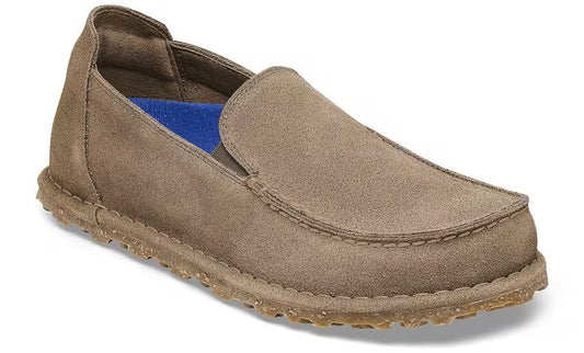 Taupe suede leather moccasin with blue insole and textured sole.
