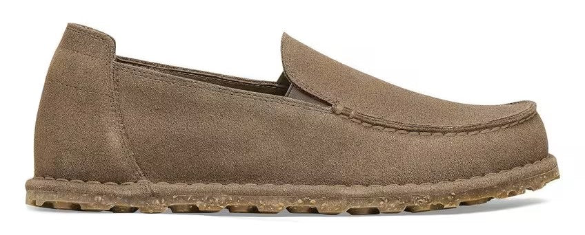 Taupe suede moccasin loafer with a chunky sole.
